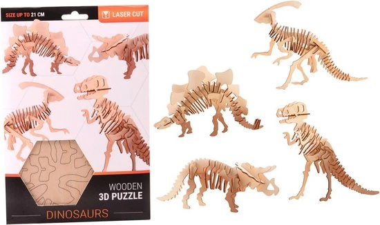 Merkloos Houten 3D Dinosaurus Puzzel, 4 Assorti 8 Merkloos Houten 3D Dinosaurus Puzzel, 4 Assorti - Afbeelding 6