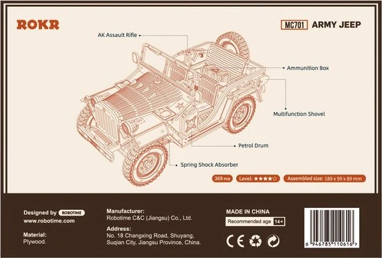 Robotime Modelbouwpakket Army Jeep 18,9 Cm Hout 369-delig 6 Robotime Modelbouwpakket Army Jeep 18,9 Cm Hout 369-delig - Afbeelding 4