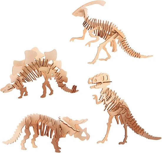 Merkloos Houten 3D Dinosaurus Puzzel, 4 Assorti 3 Merkloos Houten 3D Dinosaurus Puzzel, 4 Assorti