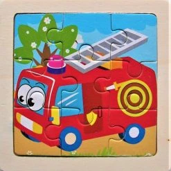 LS Goods Houten Puzzel - Brandweer Auto - 9 Delig - 11x11 Cm - Montessori