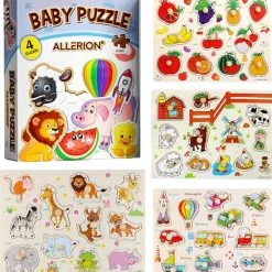 Allerion? Allerion Houten Puzzel Set - 4 Stuks Legpuzzels Vanaf 1 Jaar - STEM Speelgoed - Voertuigen - Boerderij - Dierentuin Fruit