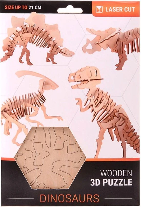 Merkloos Houten 3D Dinosaurus Puzzel, 4 Assorti 4 Merkloos Houten 3D Dinosaurus Puzzel, 4 Assorti - Afbeelding 2